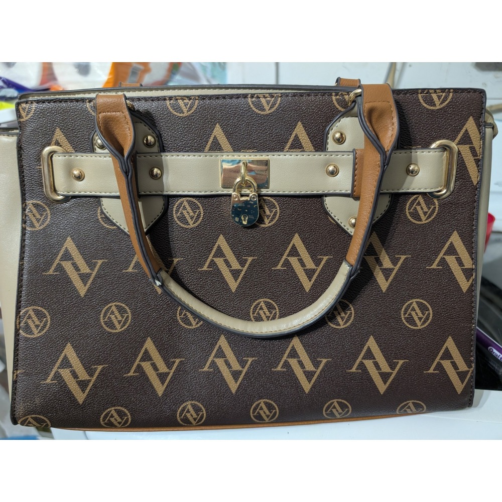 Adrienne Vittadini Womens Monogram Satchel Handbag Brown Tan Gold Hardware AV
